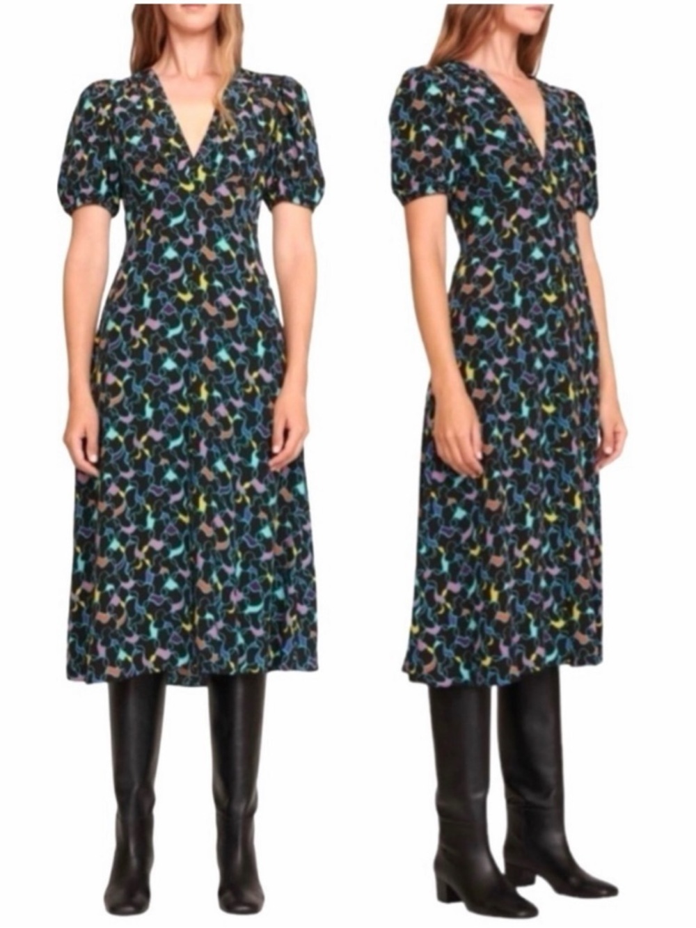 STAUD Milla V-neck Floral Abstract Print Puff-Sleeve A-line Midi-Dress Size 4